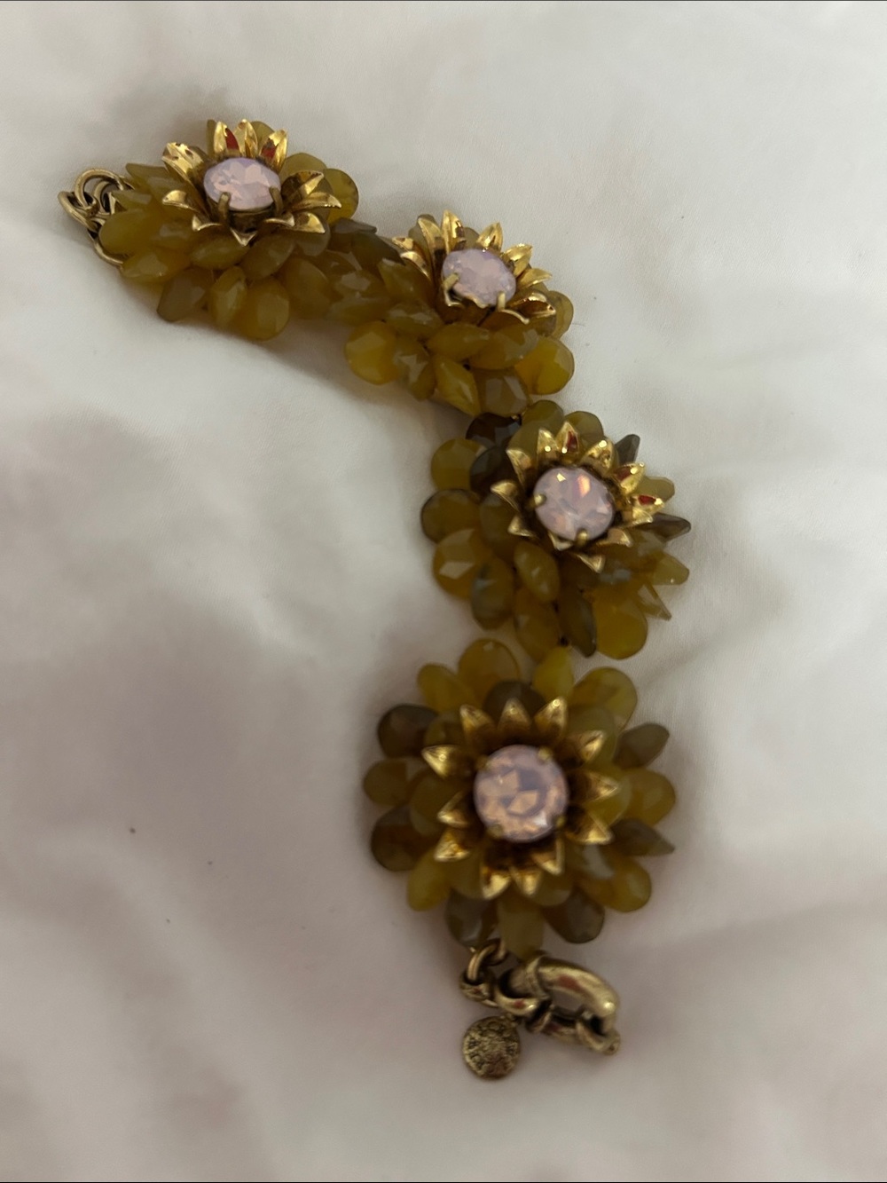 J. Crew Gold-Tone Floral Bracelet with Olive Petals and Pink Centers
